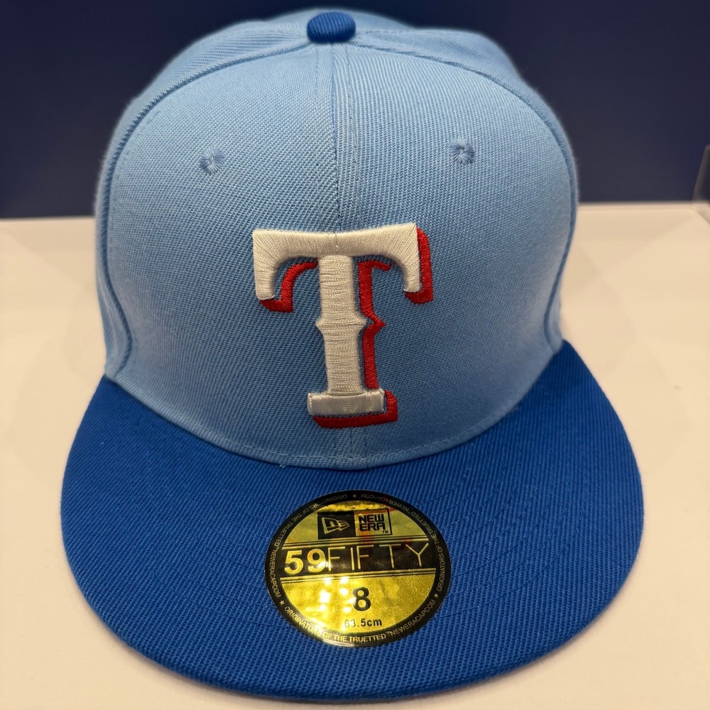 New Era 59FIFTY Texas Rangers Mens Size 8 Sky Blue Royal Blue Fitted Hat MLB